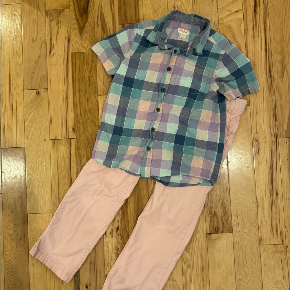 Boys Spring- Easter Outfit Plaid Short Sleeve Shirt and Pink Pants Set